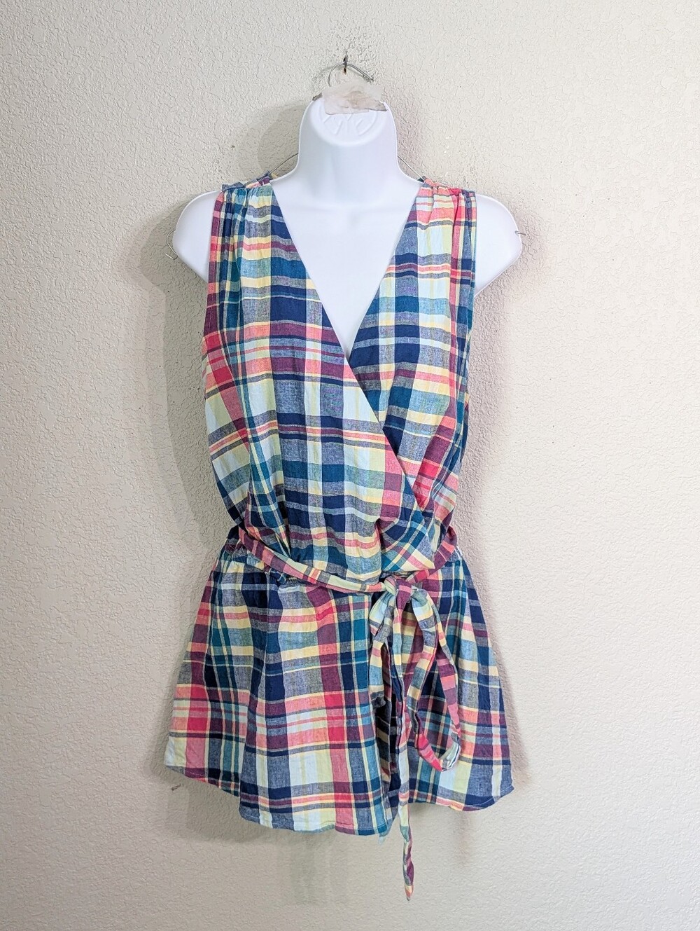 Lane Bryant Linen Cotton Blend Multicolor Plaid Faux Wrap Top Size 24 Tie Belt